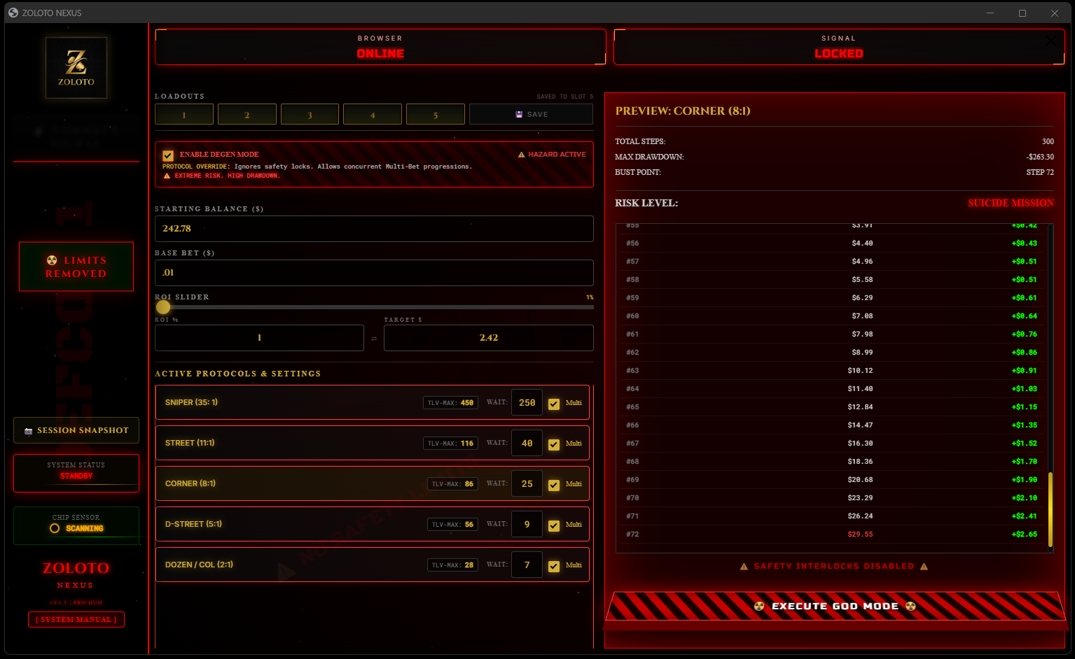 Roulette bot strategy configuration screen (auto-betting rules and controls)